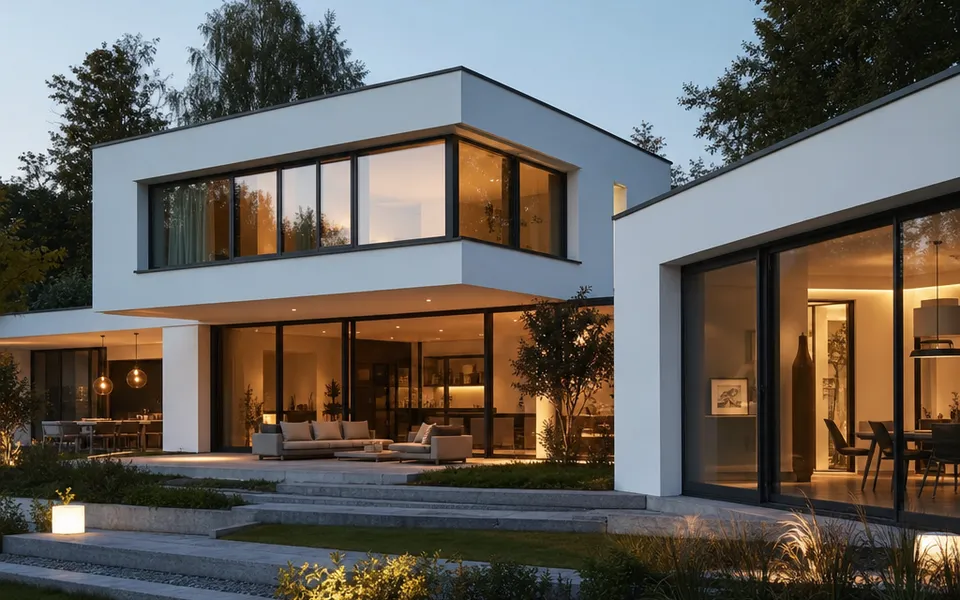 Bauhaus Fertighaus 2026 mit Flachdach, weißen Kuben und Glasfront