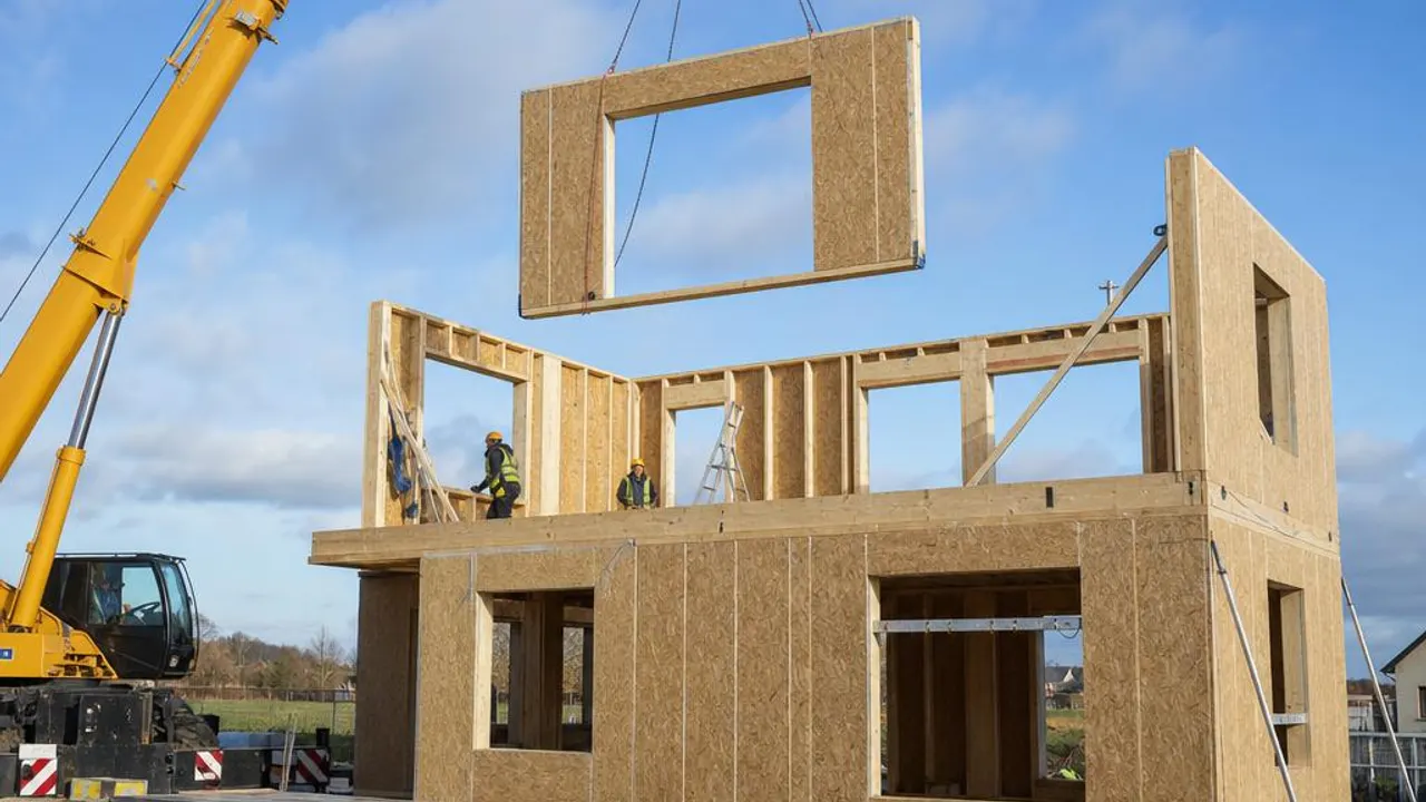 Montage eines Hauses in Holzrahmenbauweise auf der Baustelle: Ein Kran hebt ein vorgefertigtes Wandelement auf den Rohbau