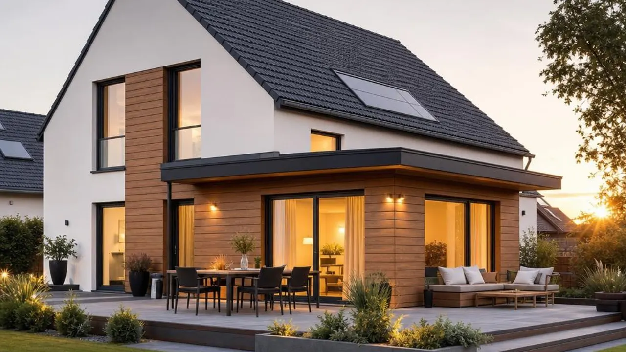 Modernes Einfamilienhaus in Fertigbauweise mit Holzfassade, großen Fensterflächen und angelegtem Garten in der Abendsonne