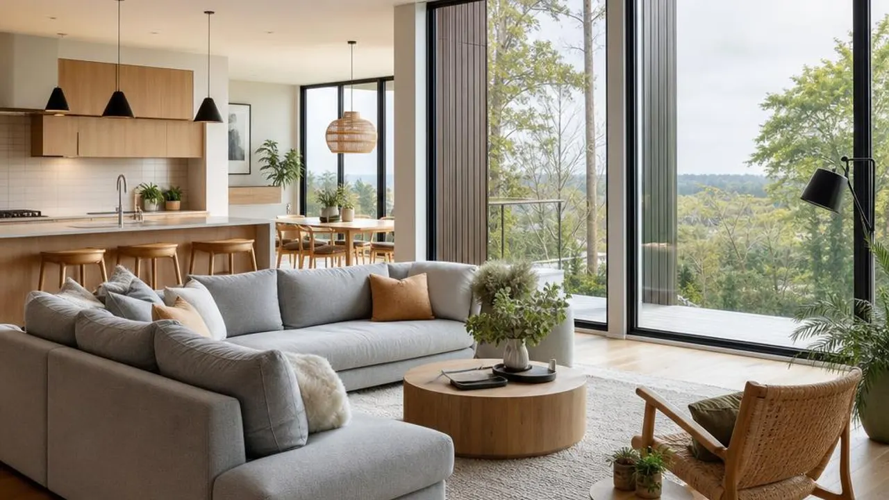 Helles Wohnzimmer mit offener Küche in einem schlüsselfertigen Musterhaus, bodentiefe Fenster und Holzboden