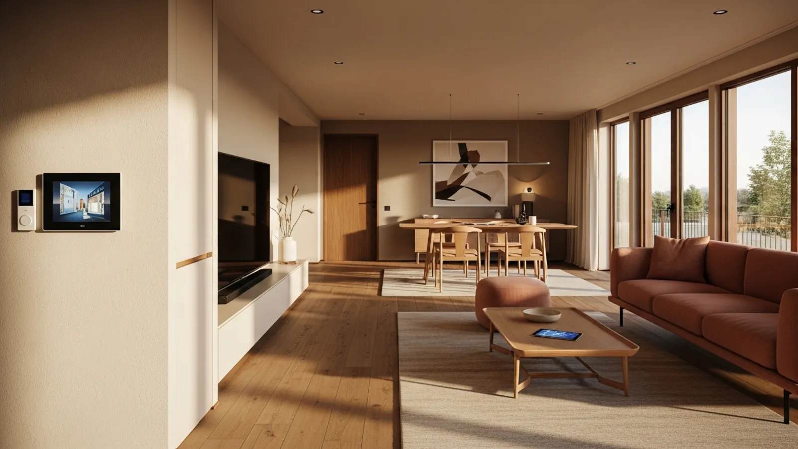 Modernes Fertighaus-Wohnzimmer mit zentralem Touch-Panel zur Smart-Home-Steuerung